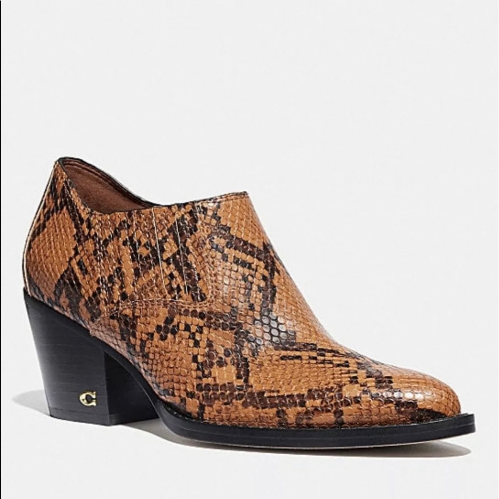 COACH Perri Caramel Snake Print Western Fashion Ankle Booties Short Pointed Toe